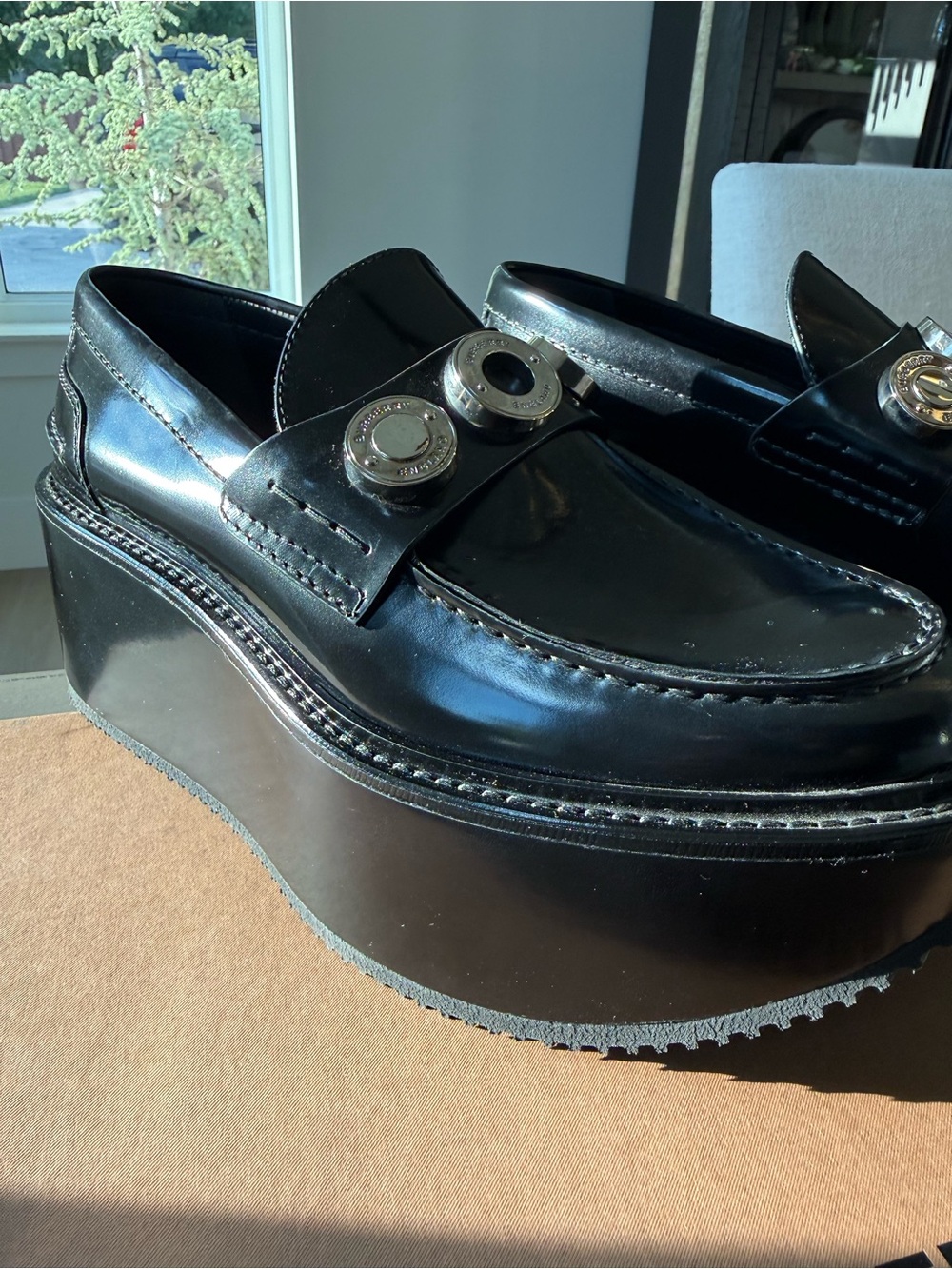 Burberry Black Patent Platform Loafers with Silver-Tone Medallions